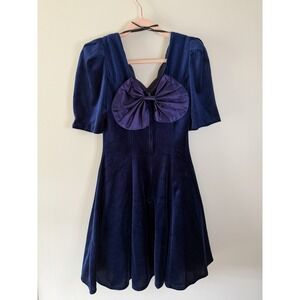 Vintage Jodi Michaels Velvet Dress Size 5 Navy Blue Puff Sleeve Satin Bow 90s